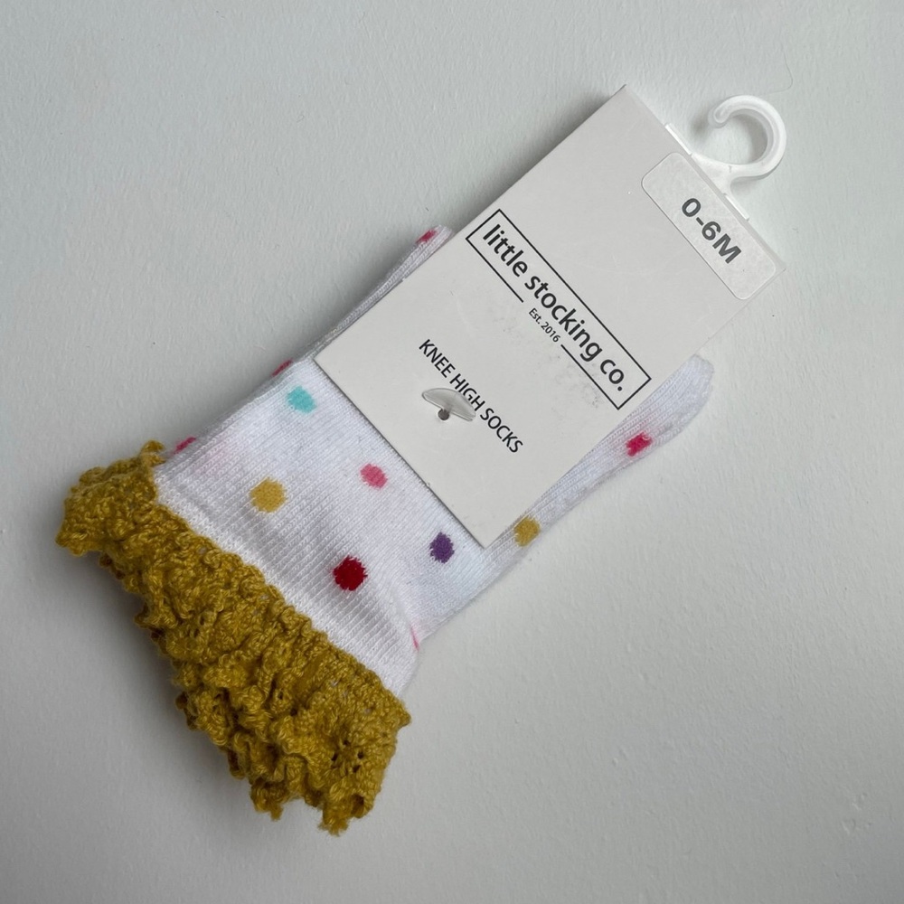 Little stocking co White Knee High Socks with Multicolor Dots & yellow lace trim